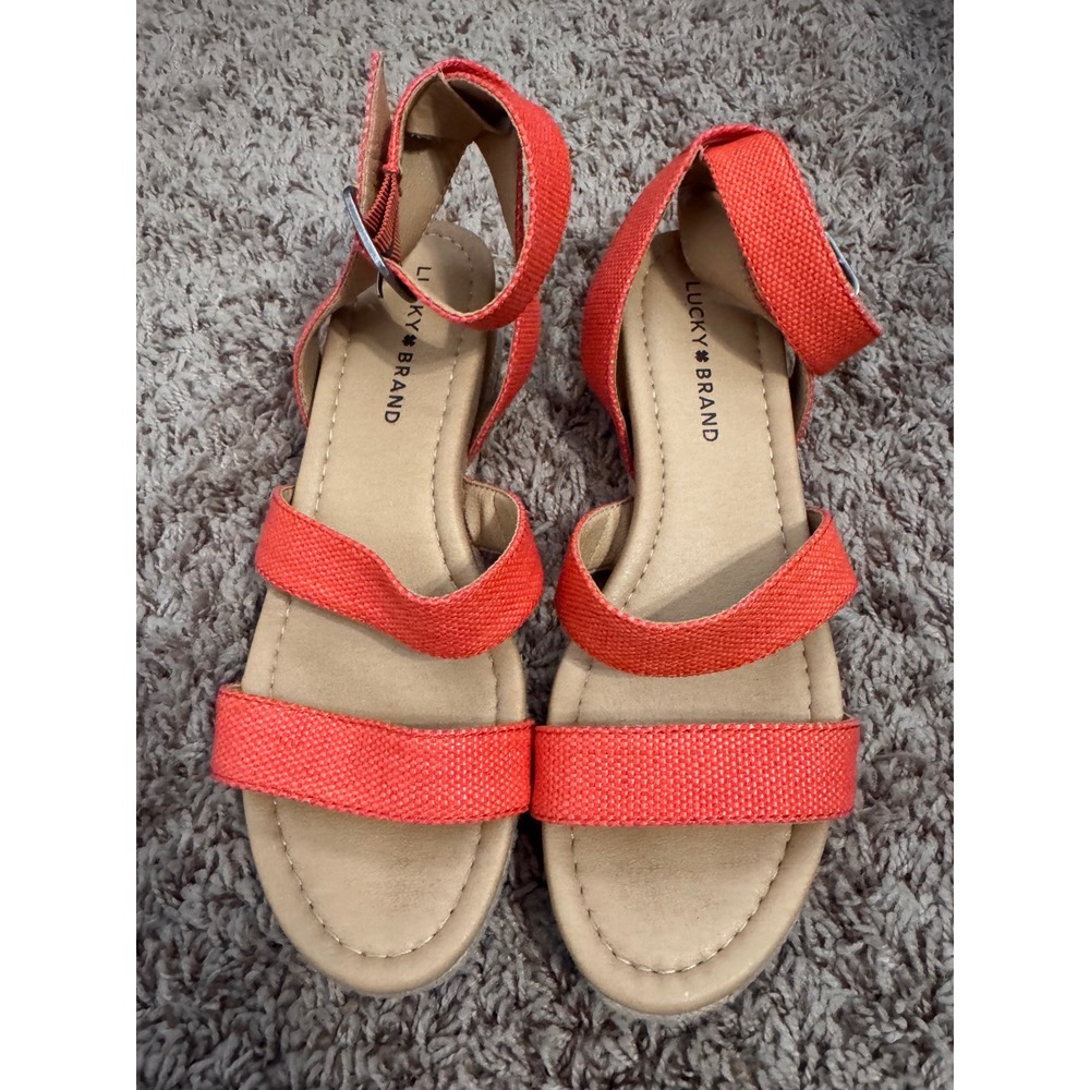 Lucky Brand Wensde Espadrille Wedge Sandals Coral Orange Ankle Strap Women's 7.5 - Picture 3 of 5